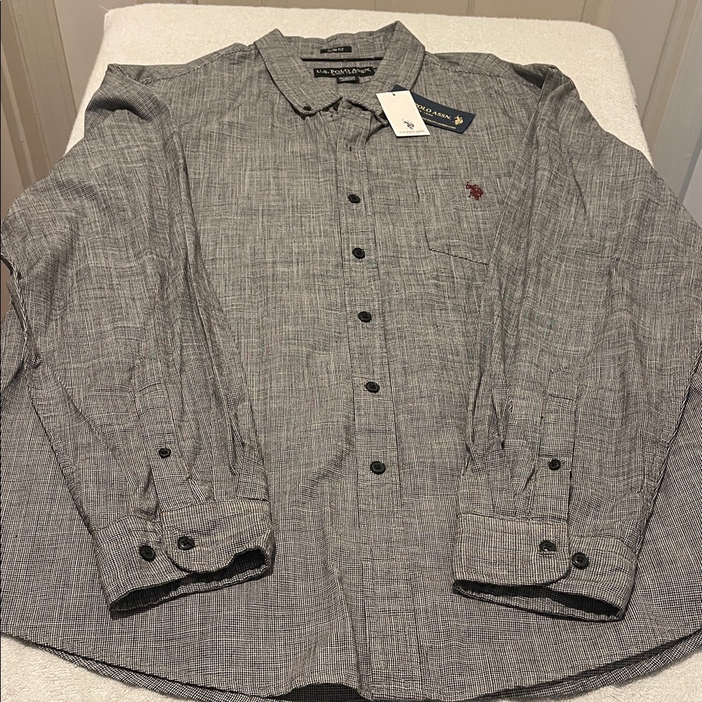 NWT Men Crispy Button Down Black/Gray Cotton Work/Date Night Slim Fit XXL